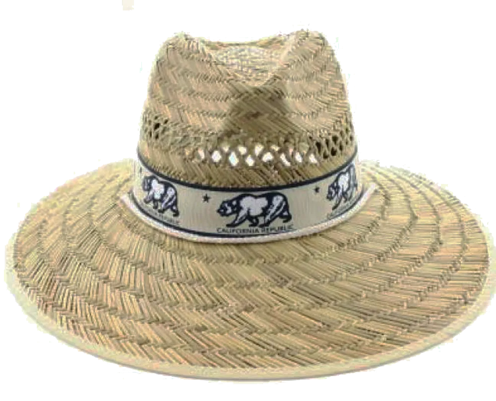 Natural and Neutral Hats Adult California Band Rush Straw Lifeguard Hat, "Cali", Bear