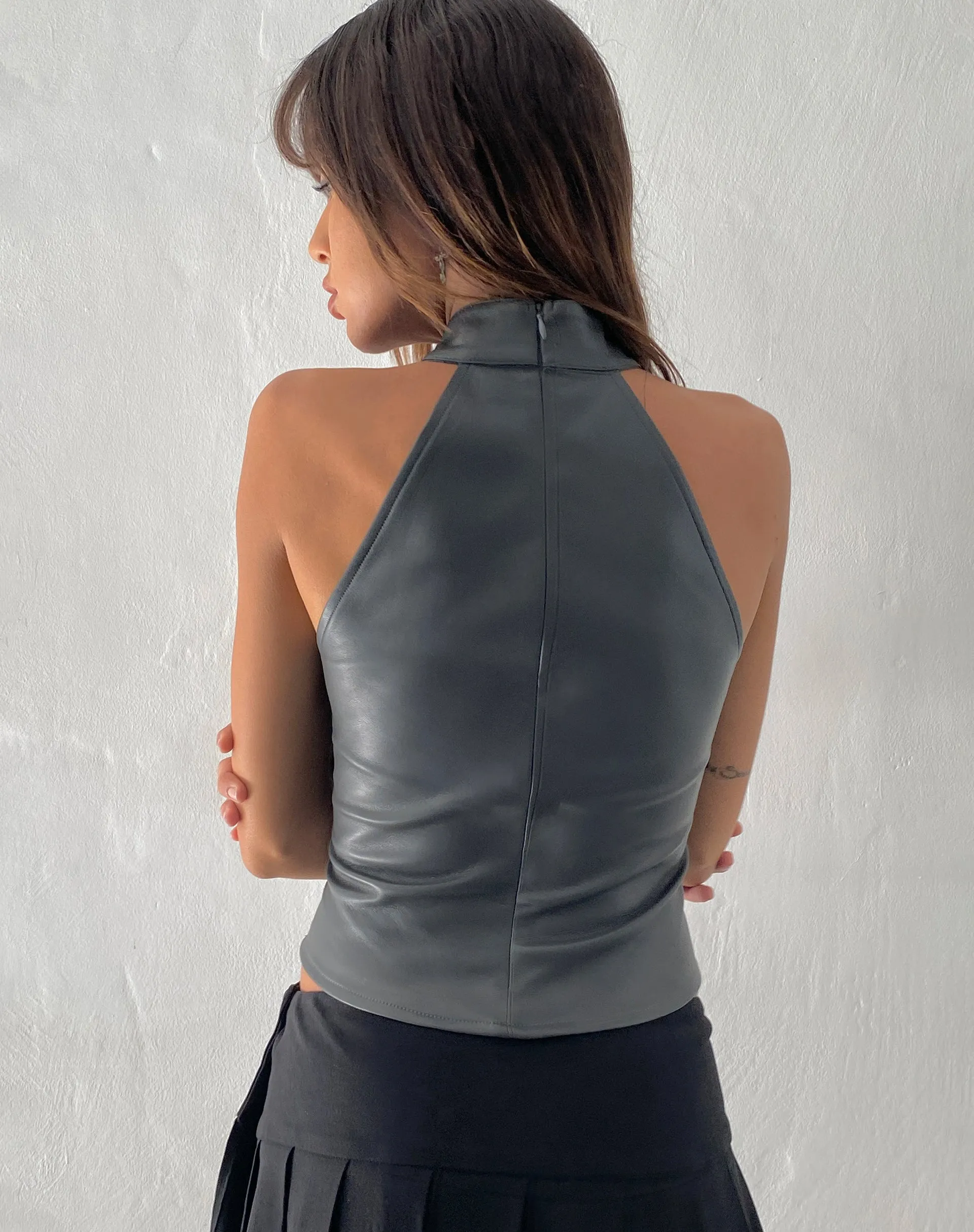 Noena High Neck Top in PU Slate Grey