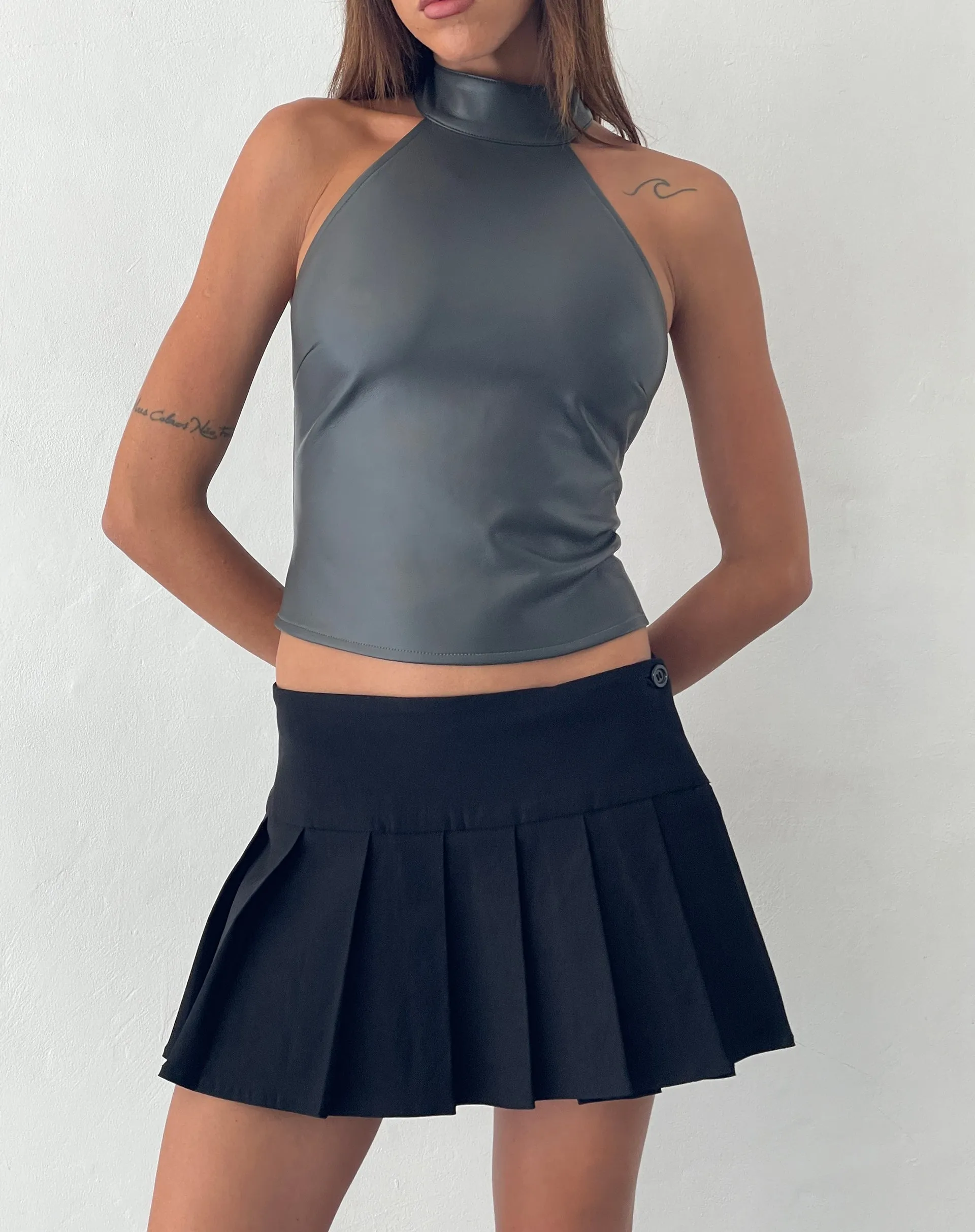 Noena High Neck Top in PU Slate Grey