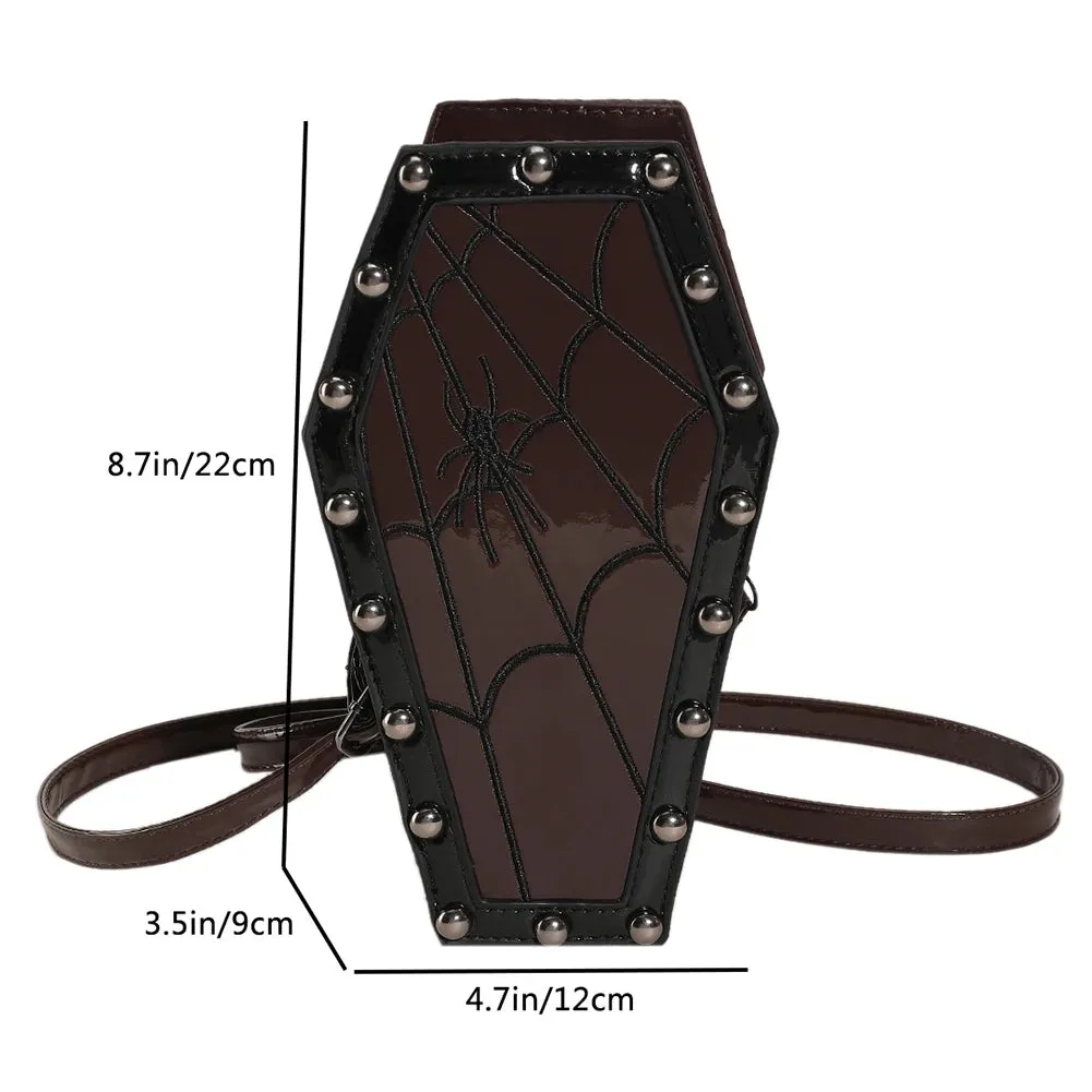 Novelty Halloween Gothic Coffin Shape Spider Web Sling PU Leather Bag