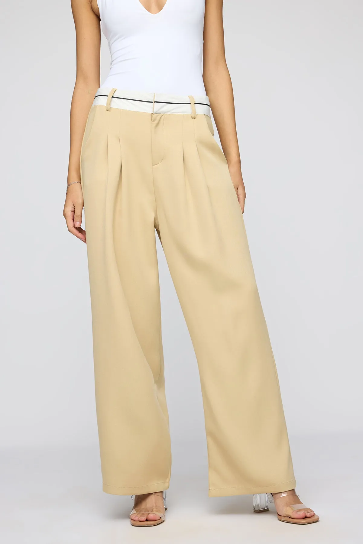 Pale Khaki Contrast Waist Korean Pants