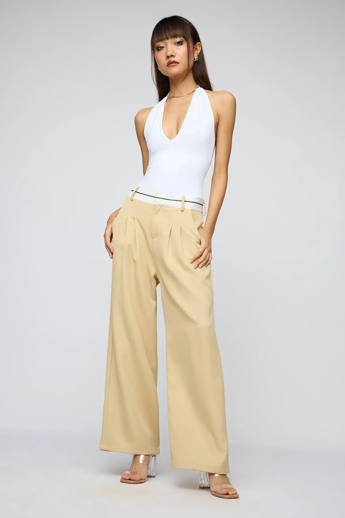 Pale Khaki Contrast Waist Korean Pants