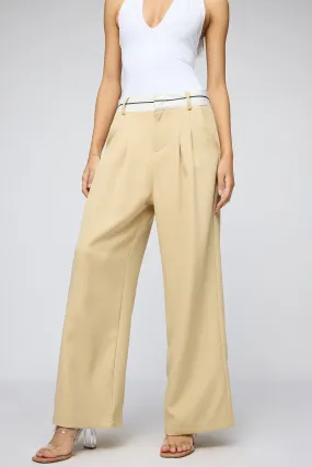 Pale Khaki Contrast Waist Korean Pants