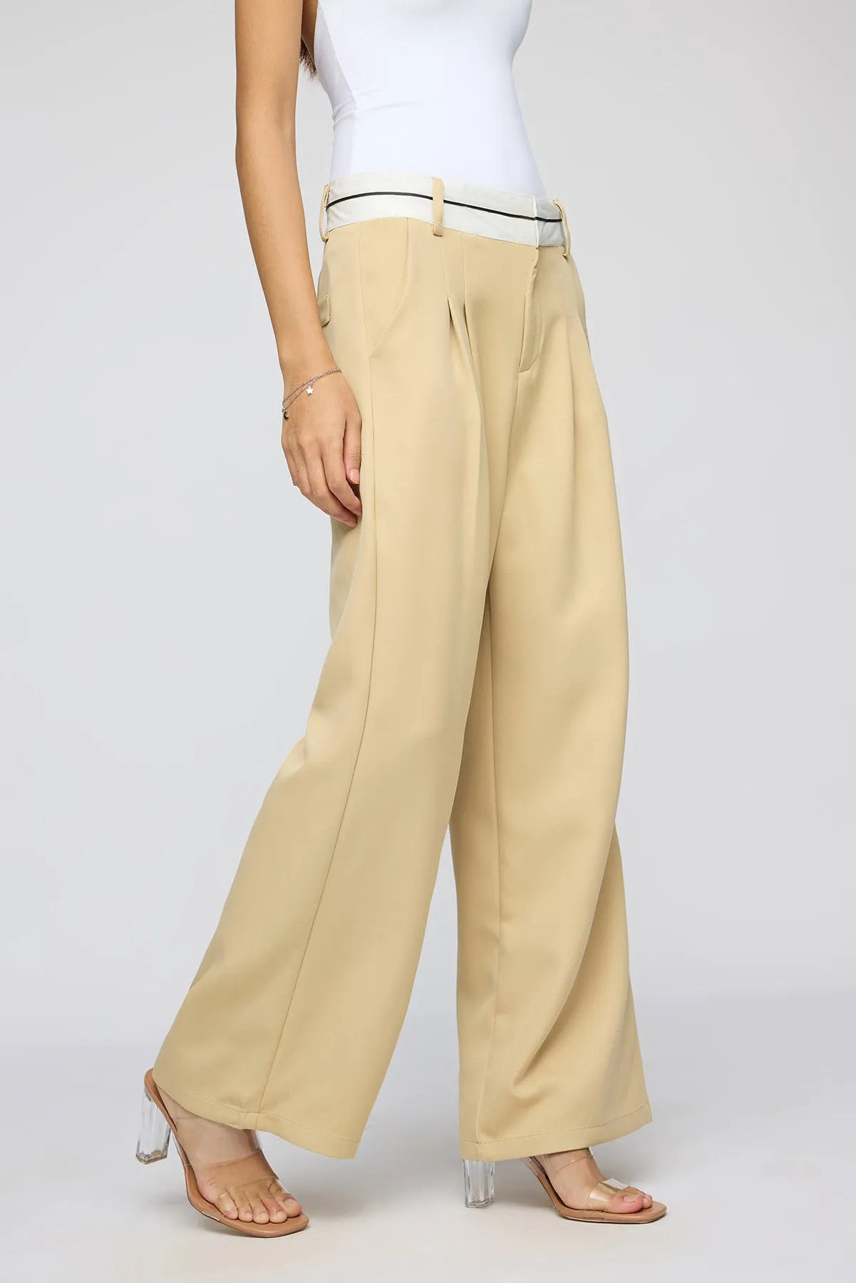 Pale Khaki Contrast Waist Korean Pants