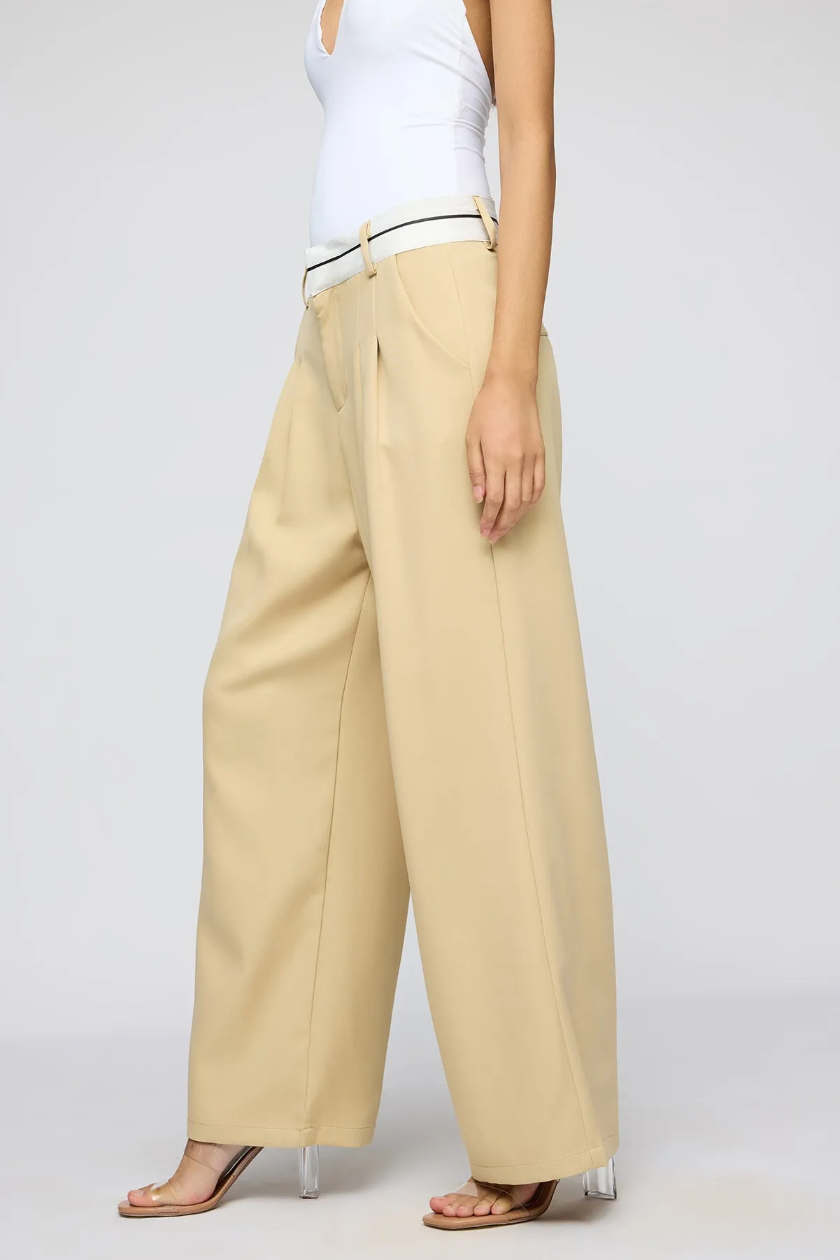 Pale Khaki Contrast Waist Korean Pants