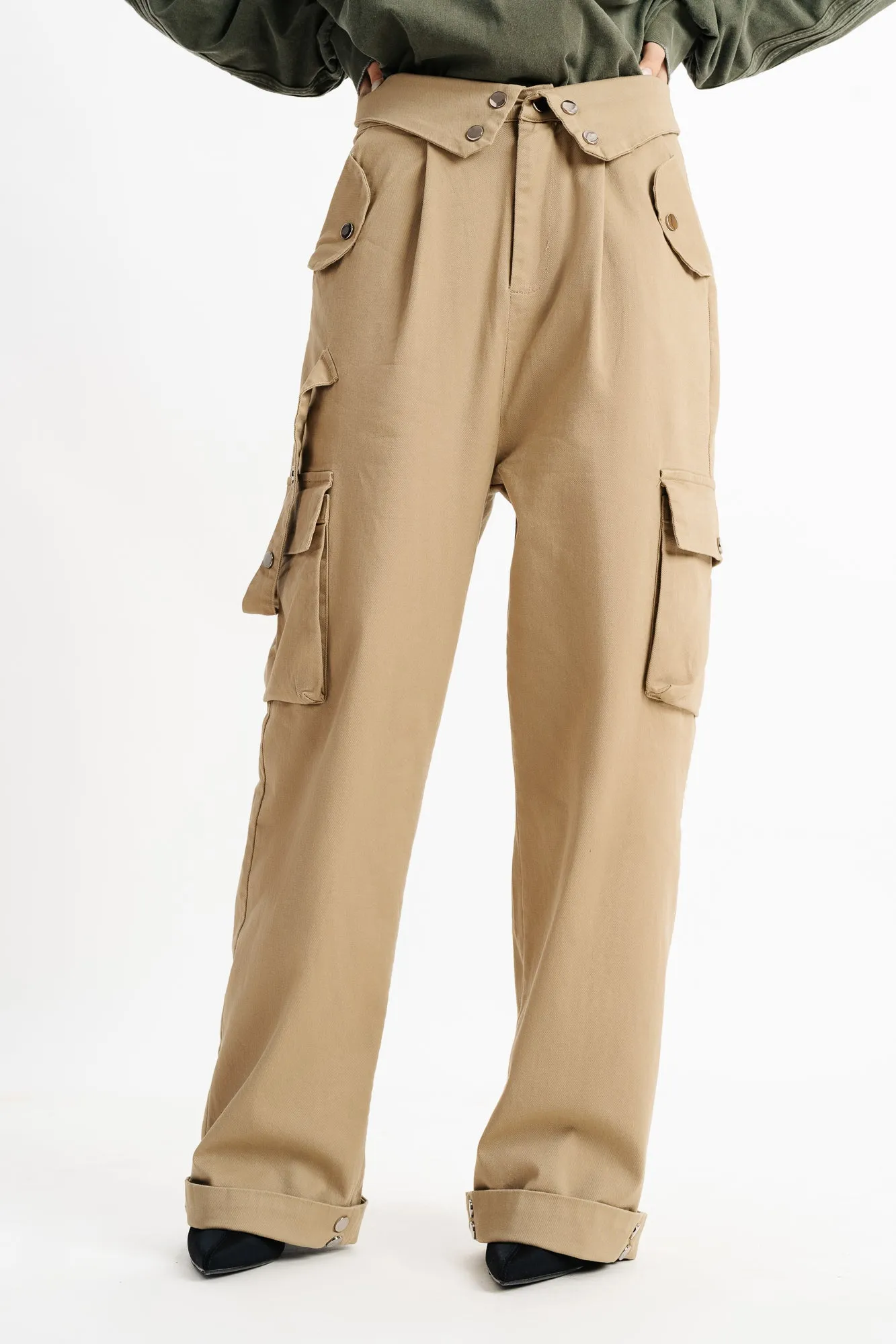 Pale Khaki Flap Detail Waistband Cargos