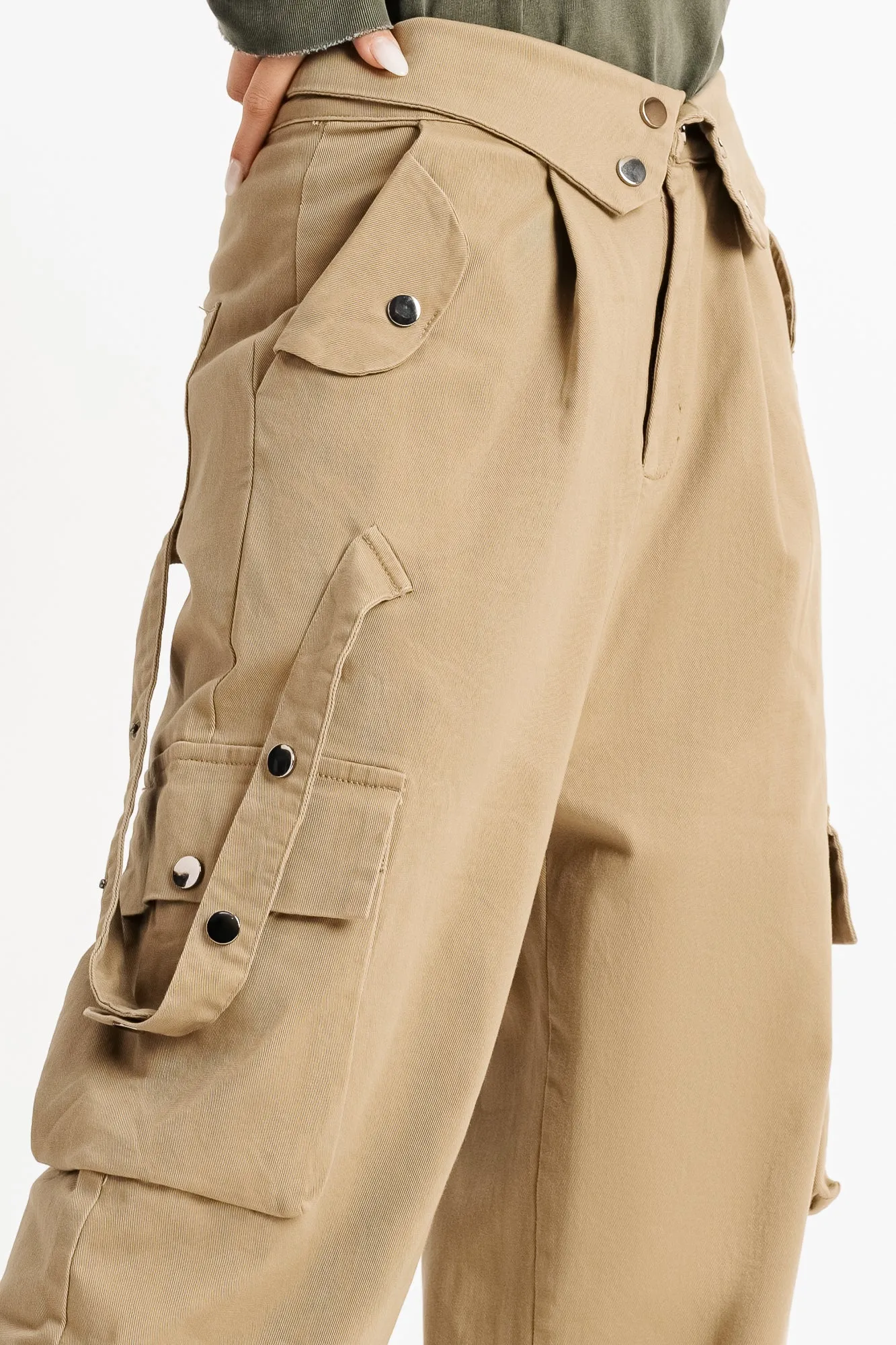 Pale Khaki Flap Detail Waistband Cargos