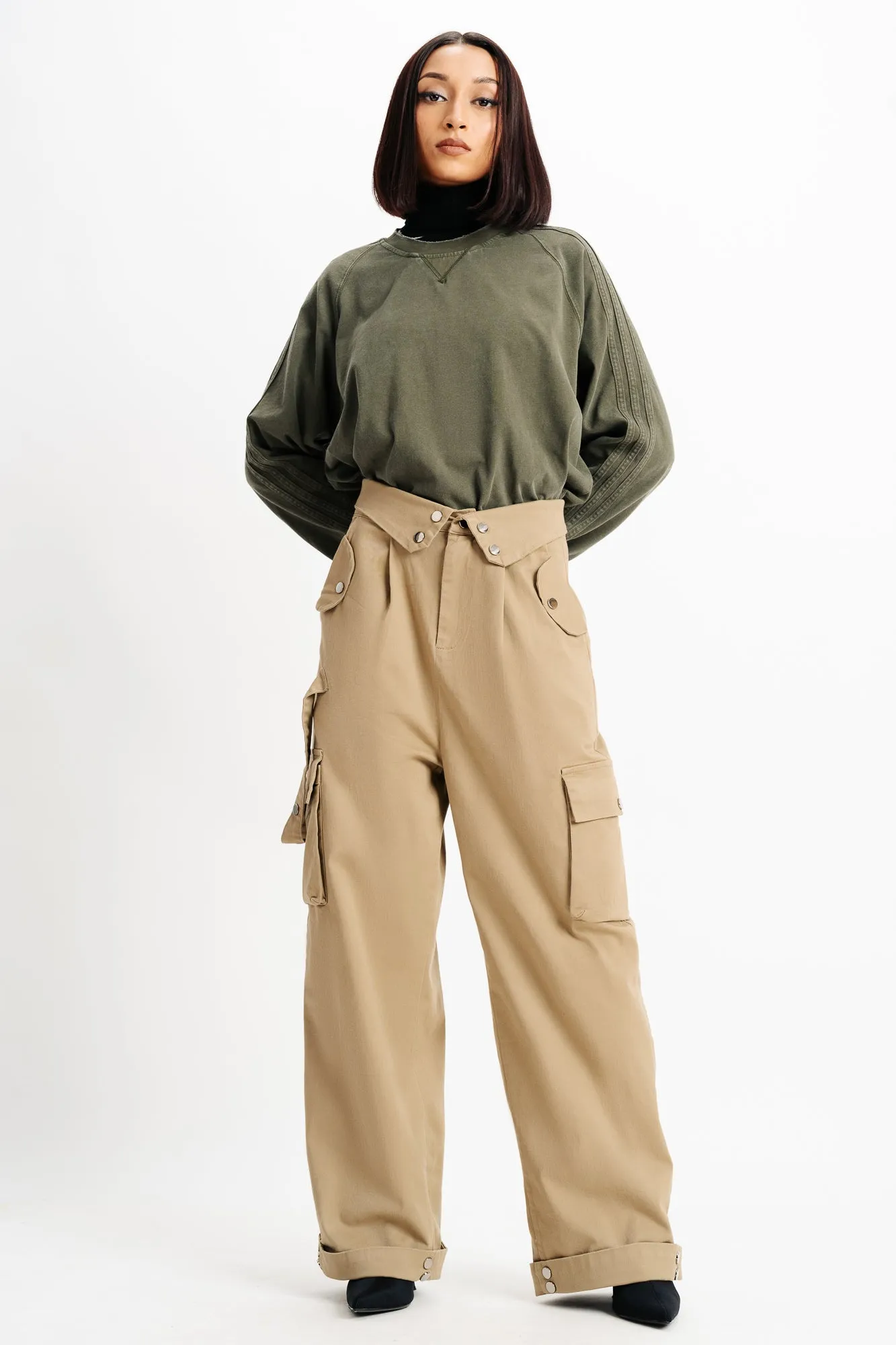 Pale Khaki Flap Detail Waistband Cargos