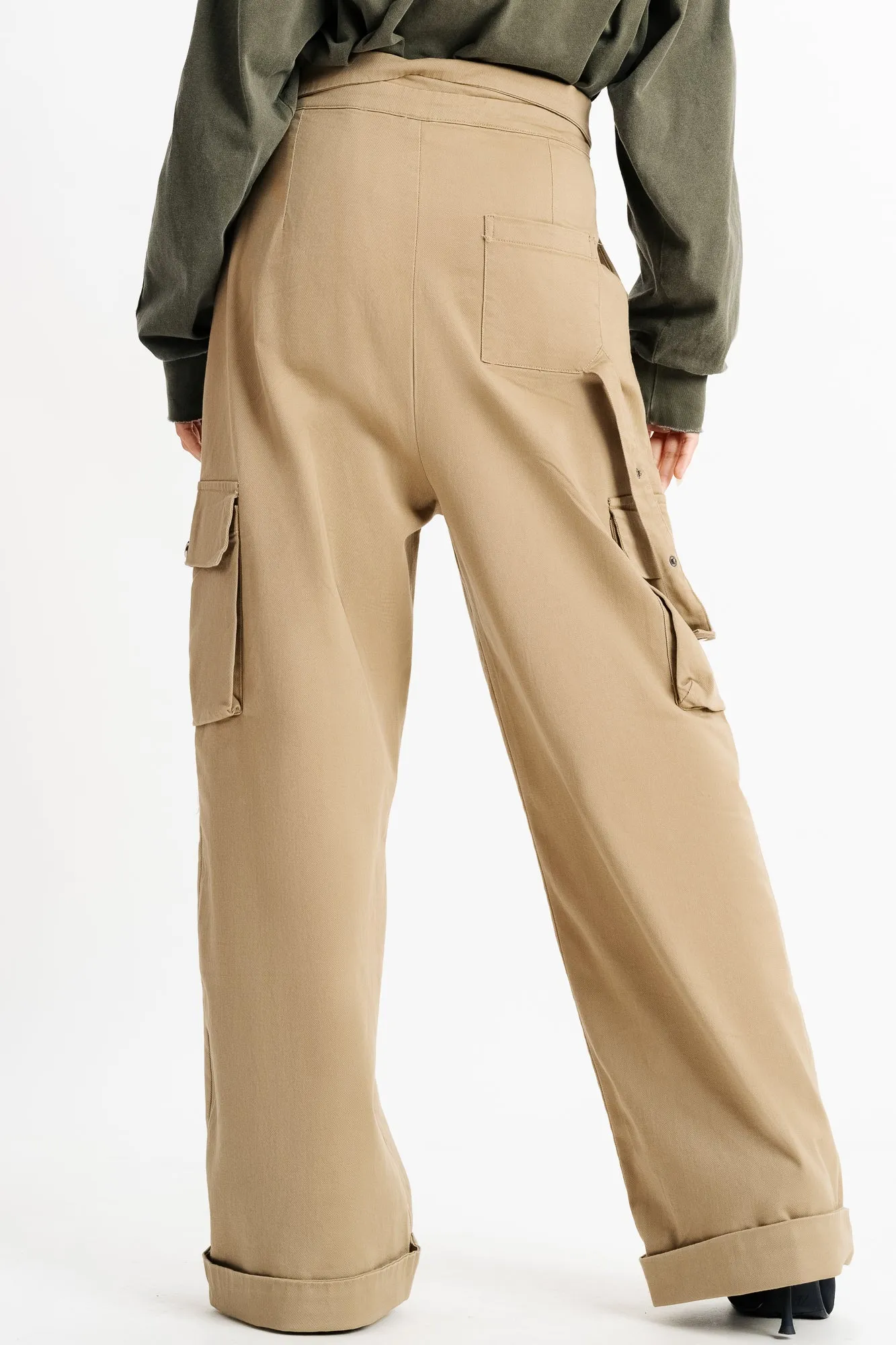 Pale Khaki Flap Detail Waistband Cargos