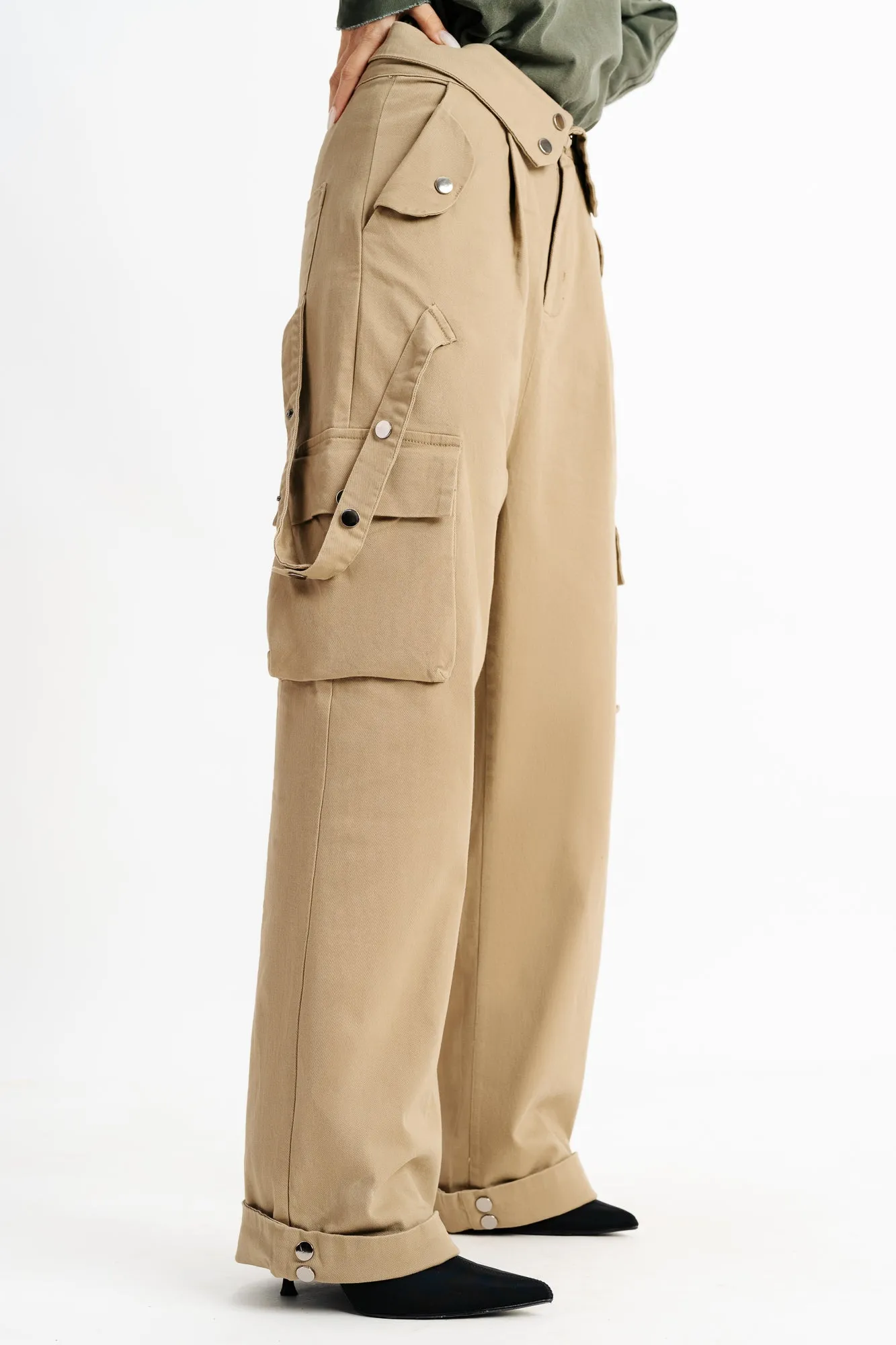 Pale Khaki Flap Detail Waistband Cargos