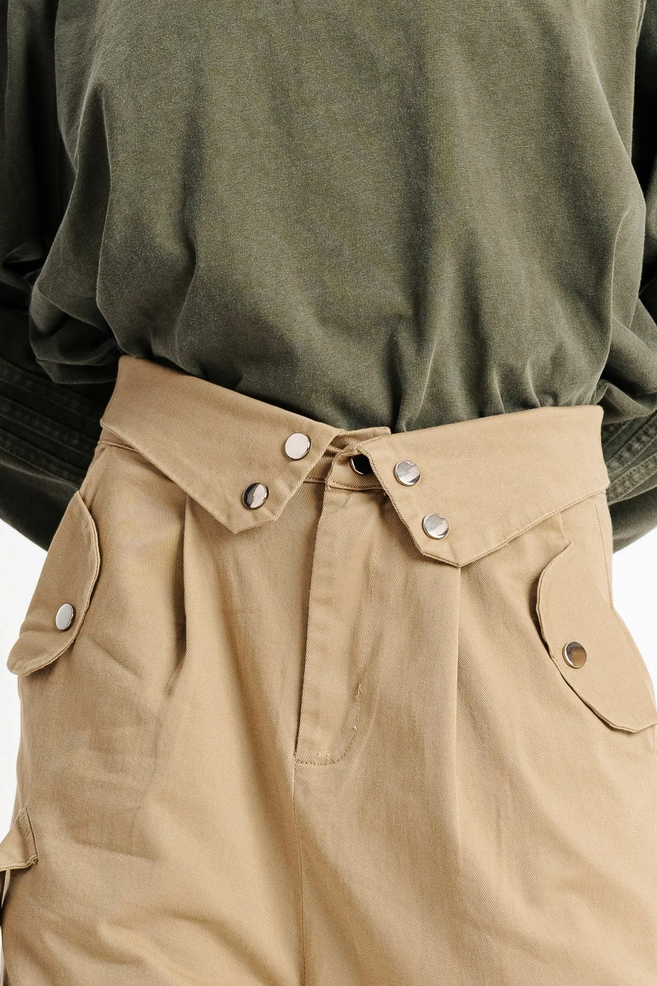 Pale Khaki Flap Detail Waistband Cargos