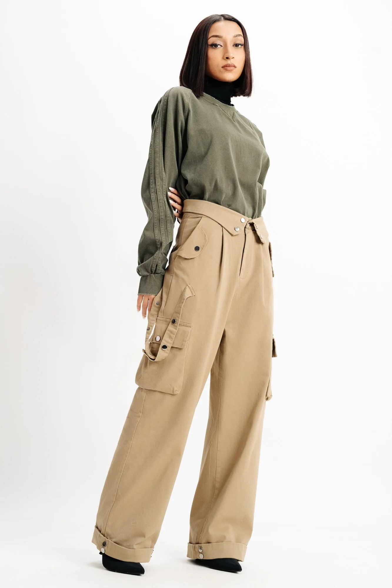 Pale Khaki Flap Detail Waistband Cargos