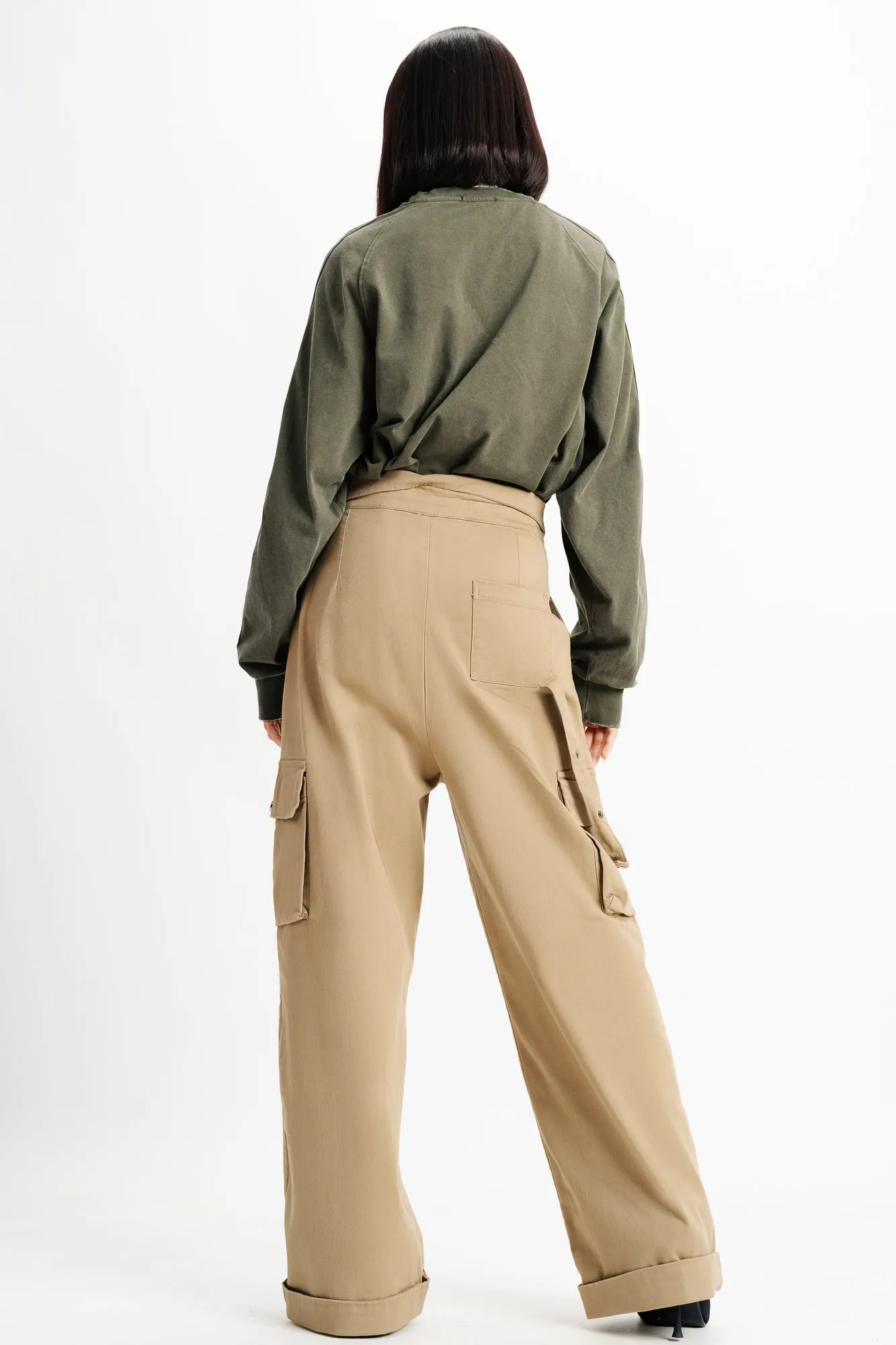 Pale Khaki Flap Detail Waistband Cargos