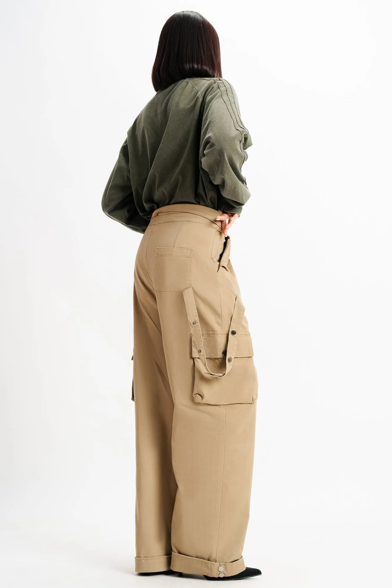 Pale Khaki Flap Detail Waistband Cargos