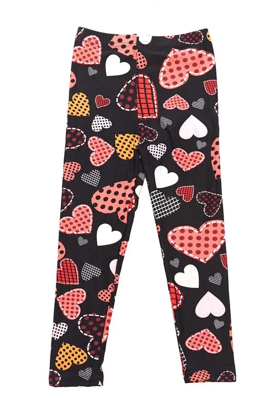 Polka Dot Heart Print Brushed Leggings - Kids