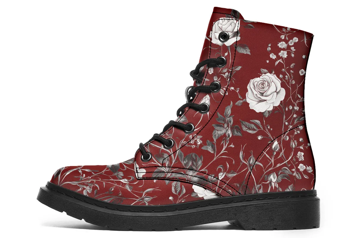 Red Rose Romance Boots - Vegan Leather Doc-Style Boots with Durable Stitched on Soles