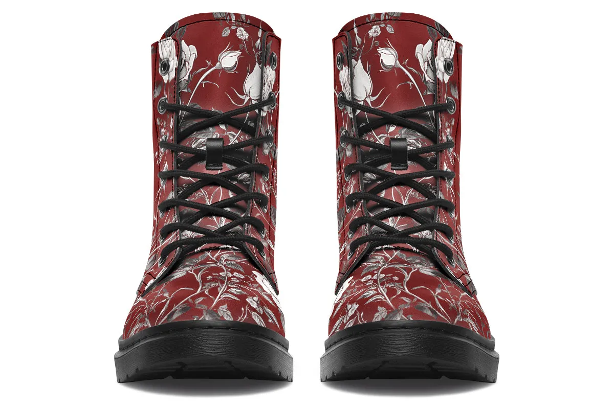 Red Rose Romance Boots - Vegan Leather Doc-Style Boots with Durable Stitched on Soles