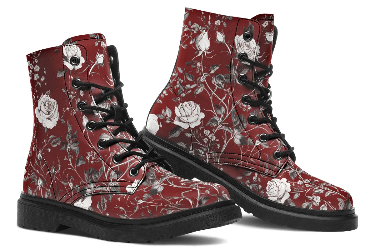 Red Rose Romance Boots - Vegan Leather Doc-Style Boots with Durable Stitched on Soles