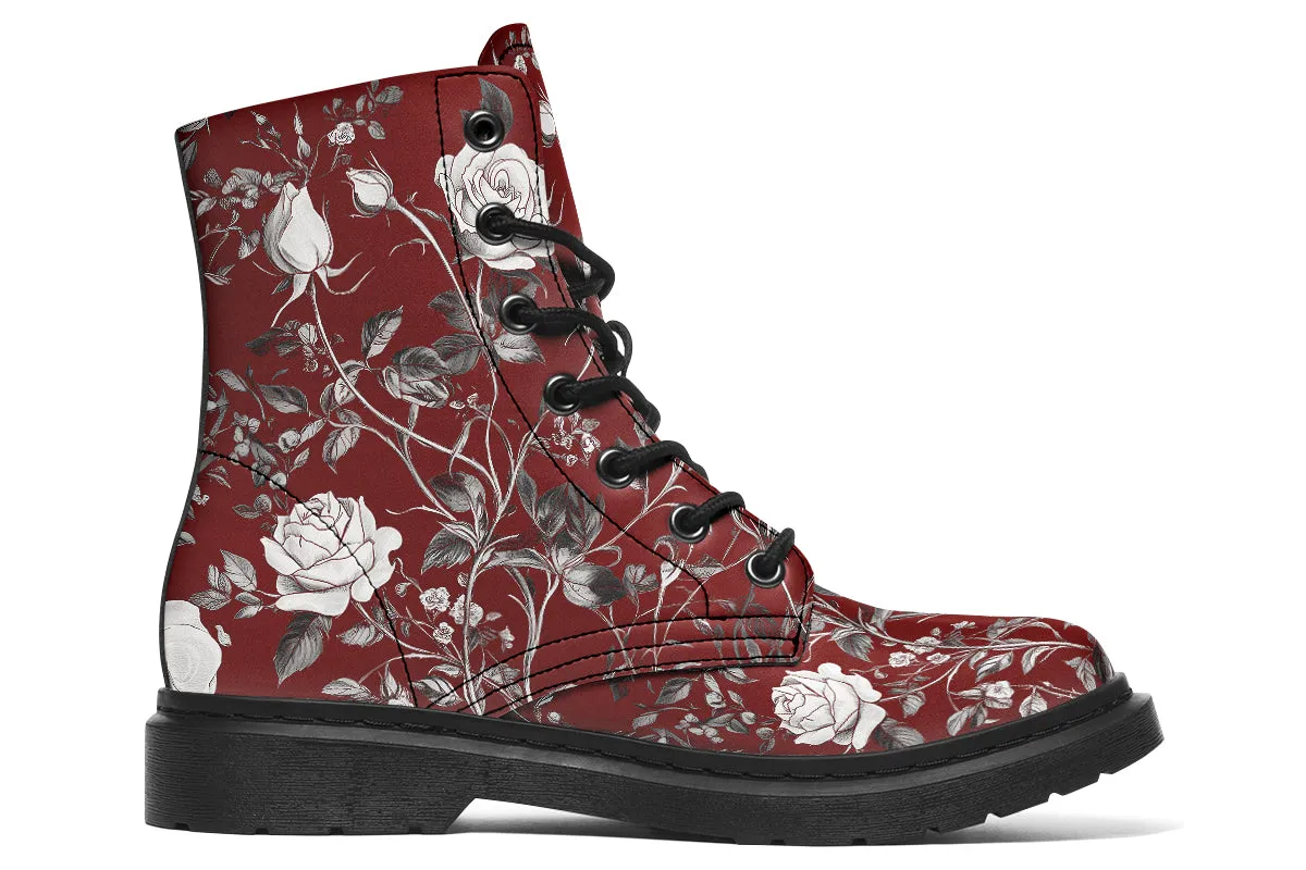 Red Rose Romance Boots - Vegan Leather Doc-Style Boots with Durable Stitched on Soles