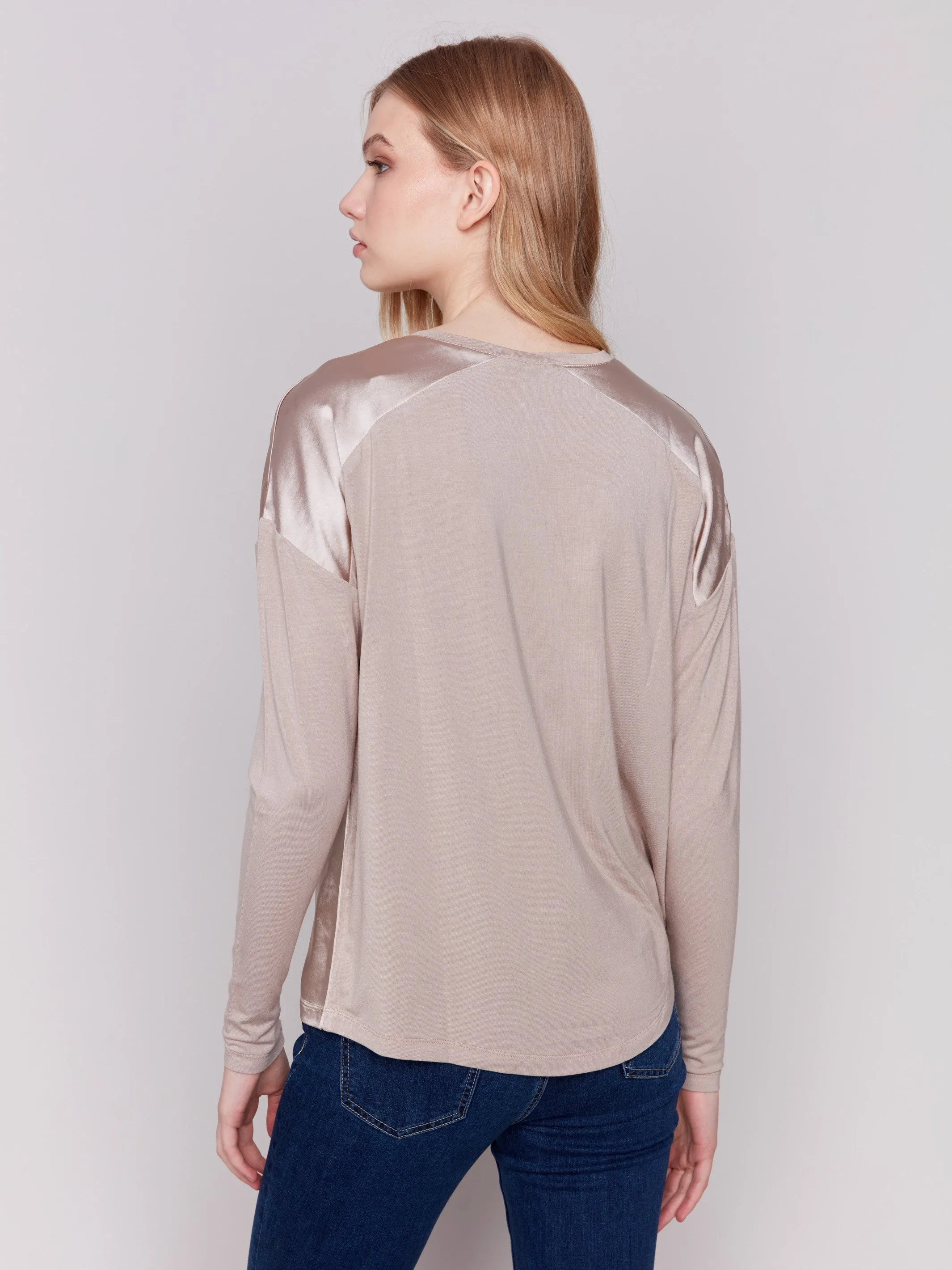 Satin and Jersey V-Neck Knit Top - Almond