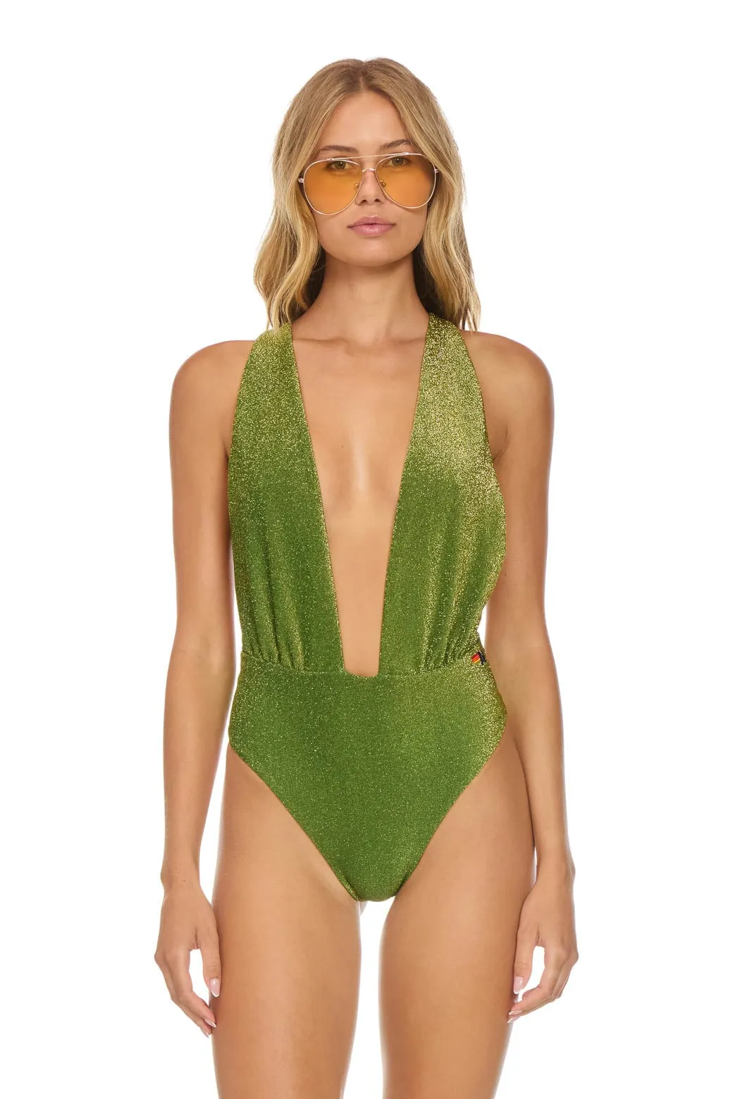 SPARKLE COMO DEEP PLUNGE CROSS BACK WOMENS ONE PIECE - ARMY