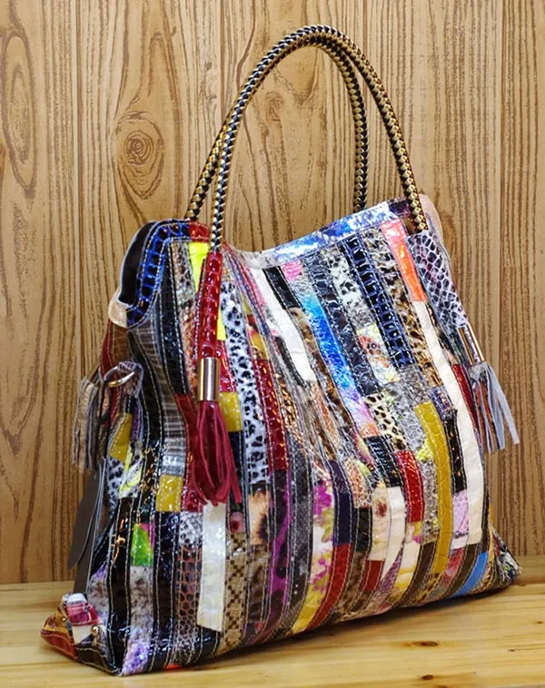 Stripes Snake Patent Tassel Colorful Handbag