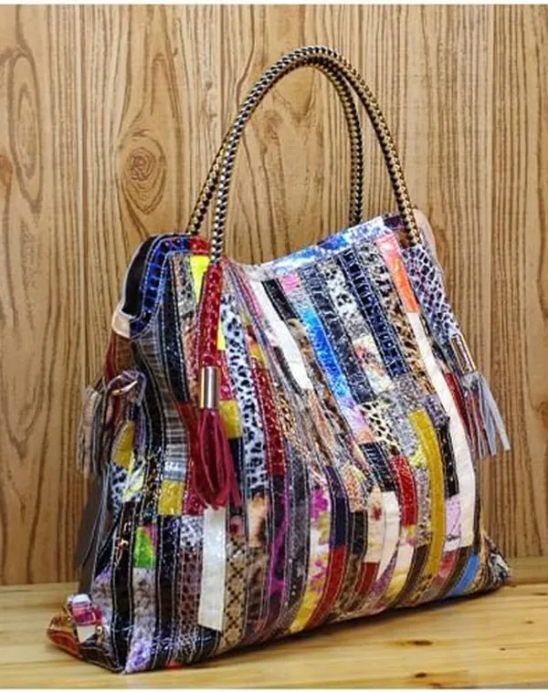 Stripes Snake Patent Tassel Colorful Handbag