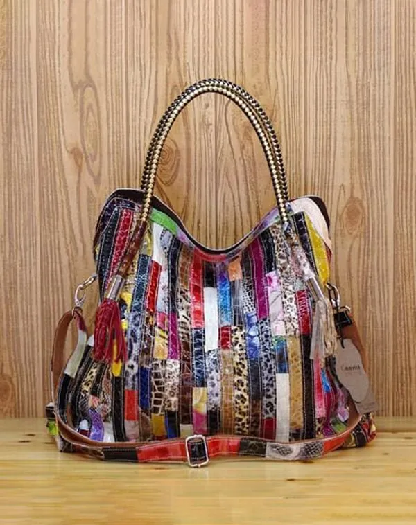 Stripes Snake Patent Tassel Colorful Handbag