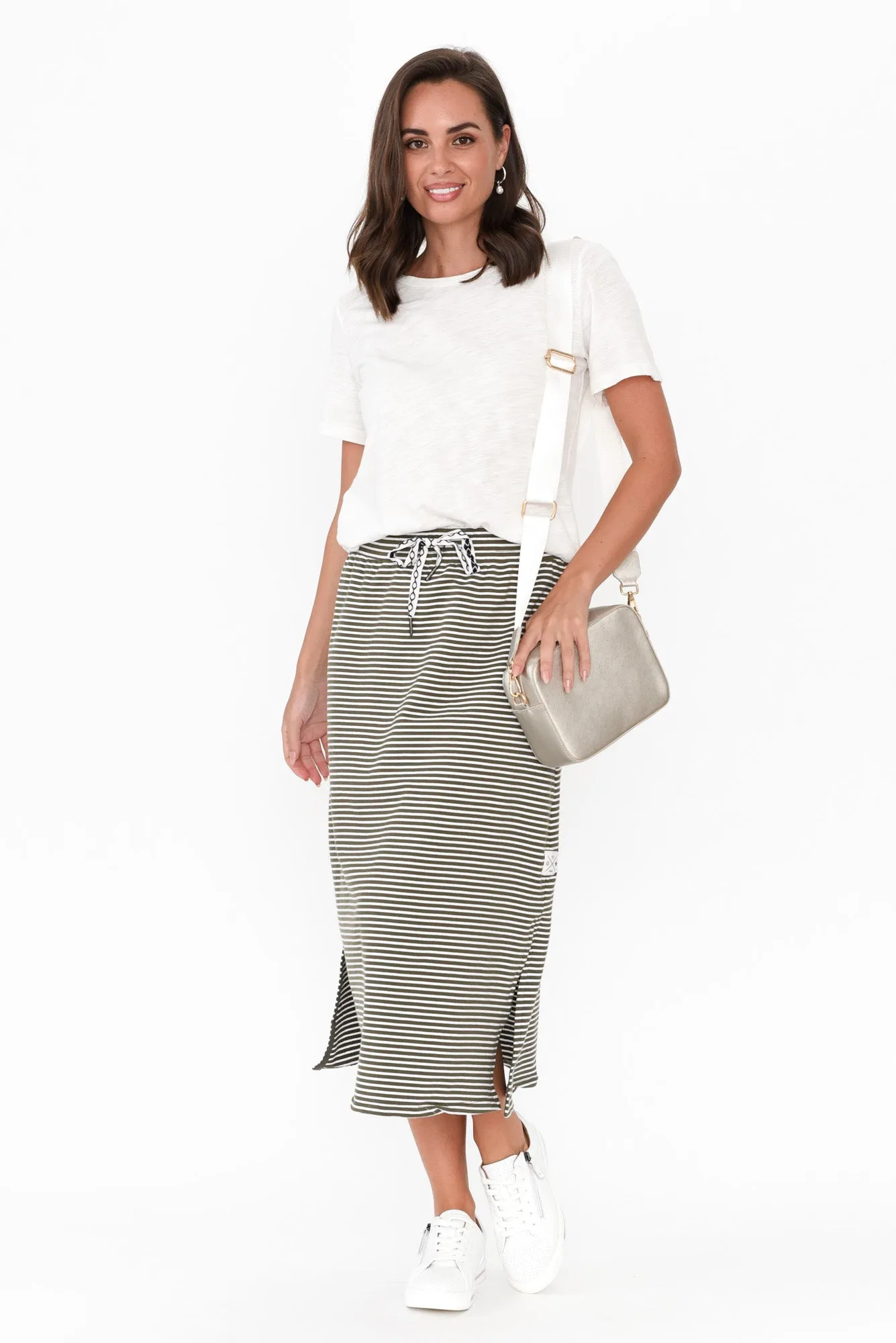 Travel Khaki Stripe Cotton Maxi Skirt