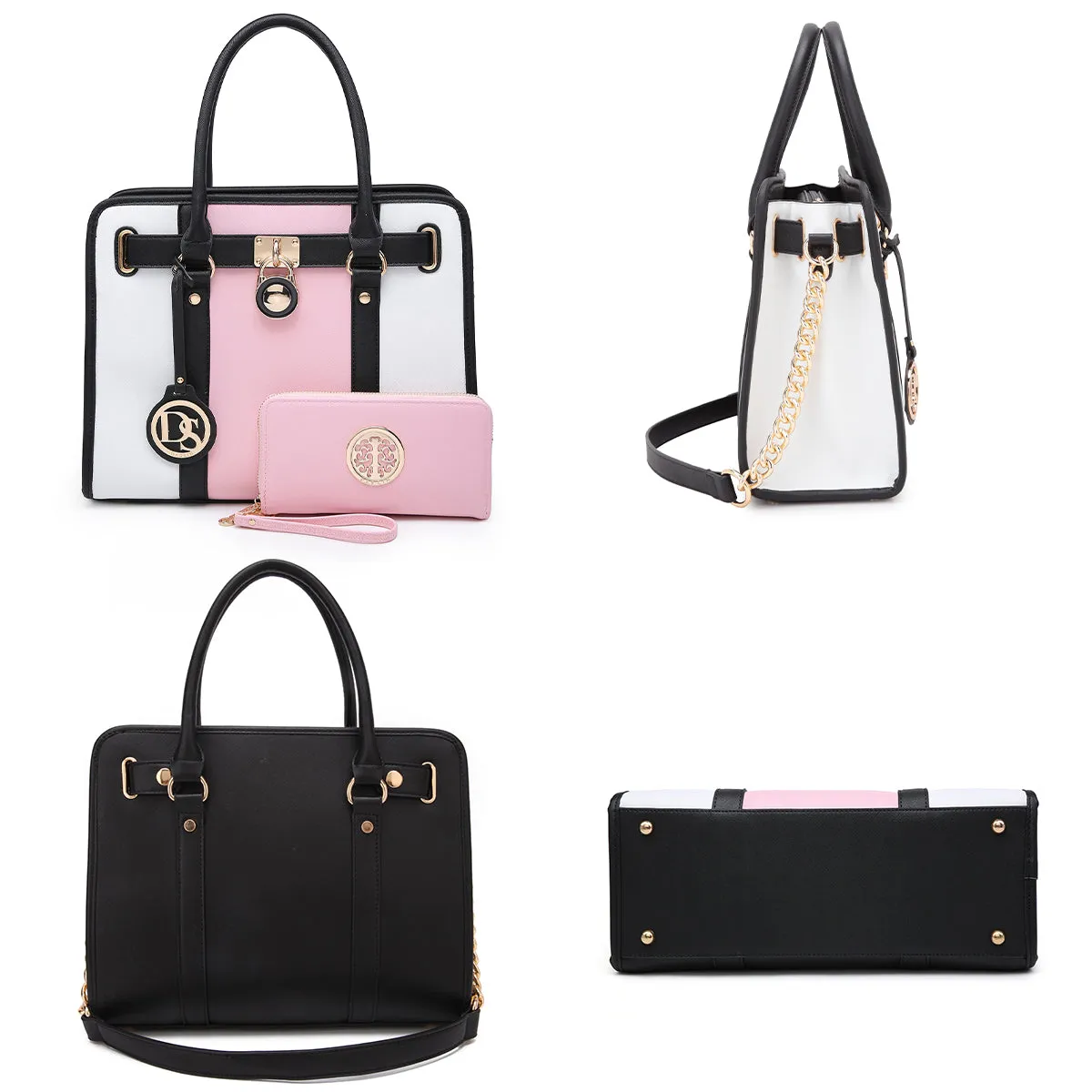 Two Tone Satchel Top Handle Bags Work Tote with Matching Wallet l Dasein