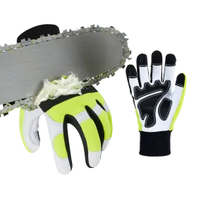 VGO Chainsaw gloves of 12-layer chainsaw protection, safety goat leather work gloves, mechanic gloves (Hi-Viz green, GA9767CS)