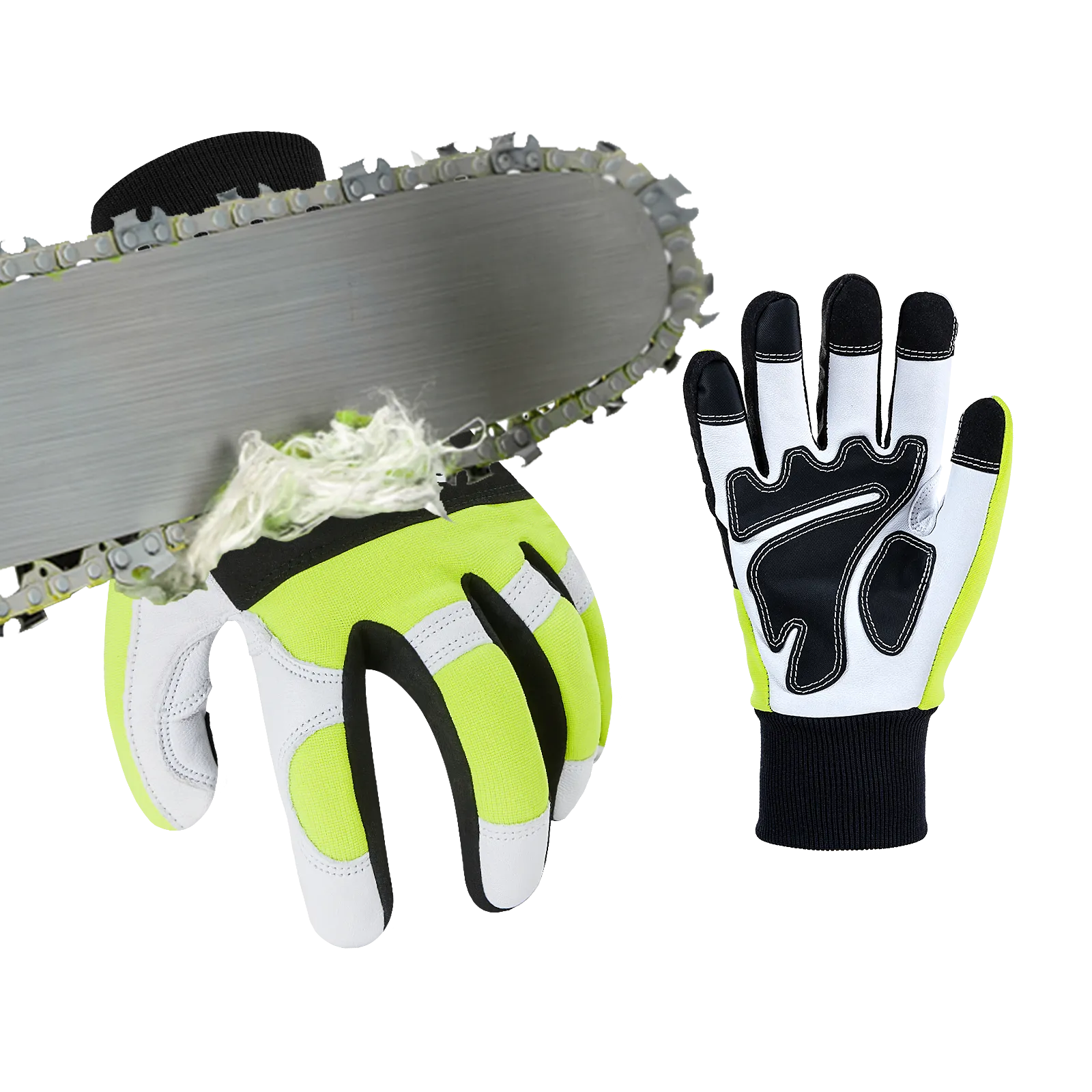 VGO Chainsaw gloves of 12-layer chainsaw protection, safety goat leather work gloves, mechanic gloves (Hi-Viz green, GA9767CS)