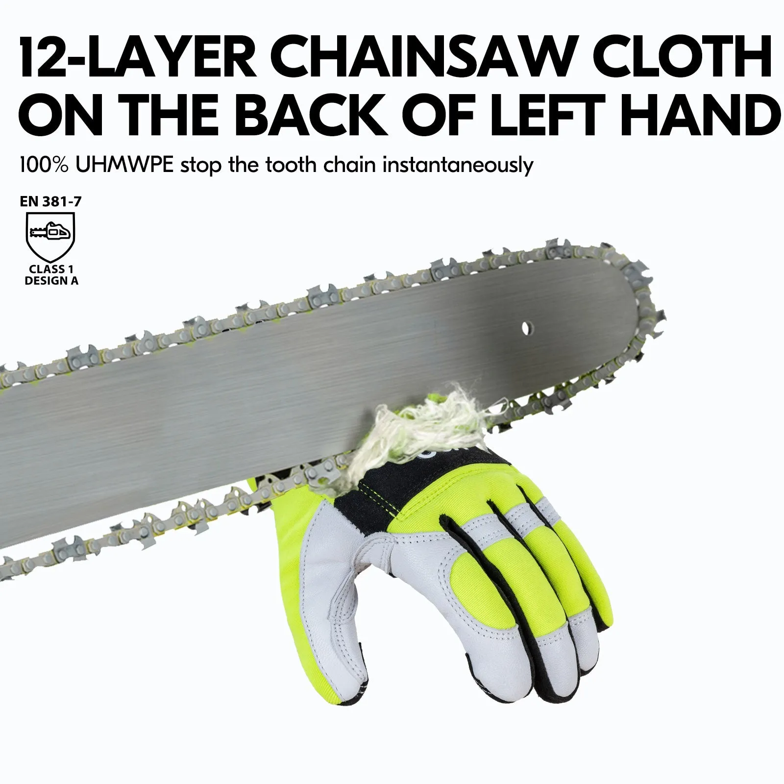 VGO Chainsaw gloves of 12-layer chainsaw protection, safety goat leather work gloves, mechanic gloves (Hi-Viz green, GA9767CS)