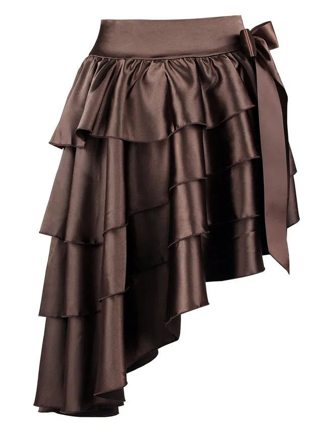 Women Casual Satin High-low Ruffles Dancing Party Skirt with Bowknot