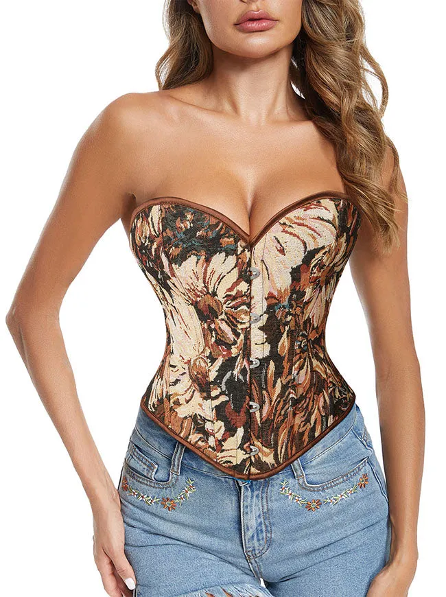 Women Renaissance Floral Jacquard Lace Up Overbust Corset Bustier Top