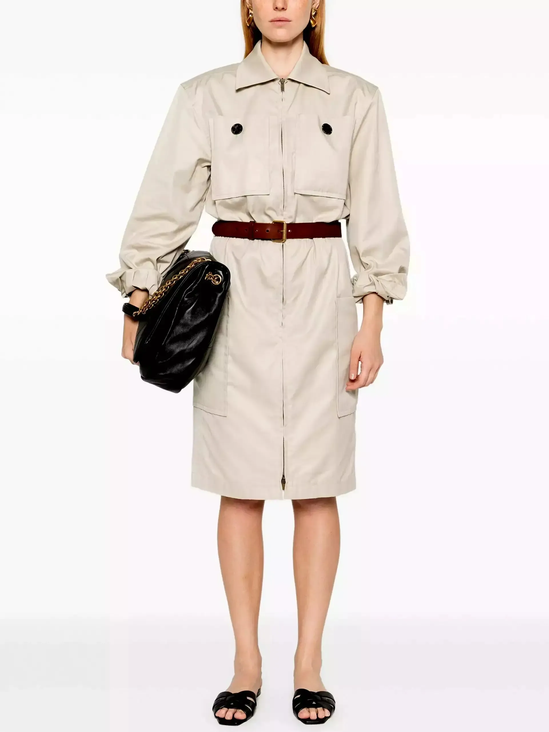 Women’s Belted Cotton Safari Dress in Beige