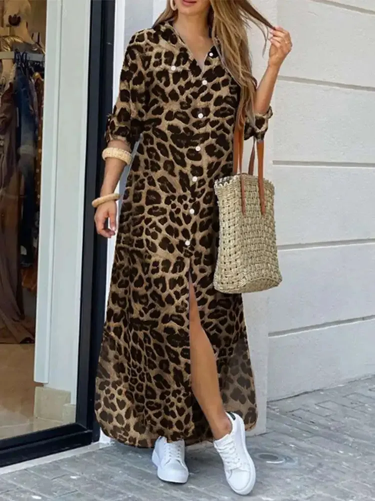 ZANZEA Party Vintage Leopard Robe 2023 Autumn Casual Long Sleeve Maxi Long Vestidos Dress Fashion Oversized Women Shirt Sundress