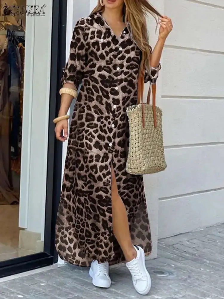 ZANZEA Party Vintage Leopard Robe 2023 Autumn Casual Long Sleeve Maxi Long Vestidos Dress Fashion Oversized Women Shirt Sundress